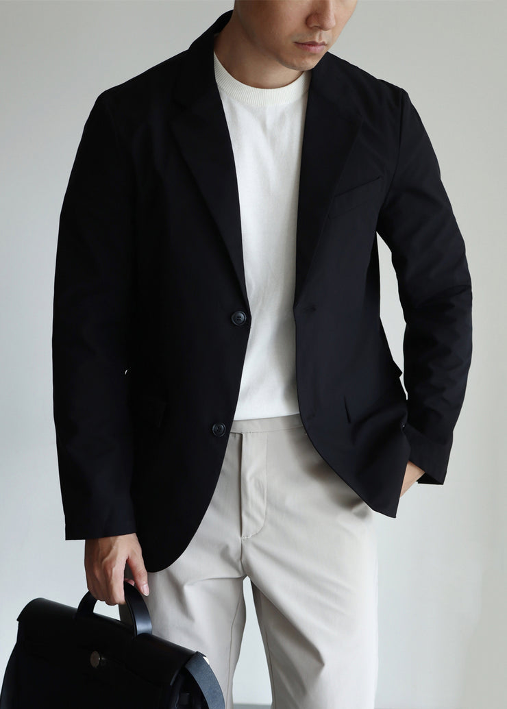 Black Pockets Solid Spandex Coats Men Casual Clothing Notched