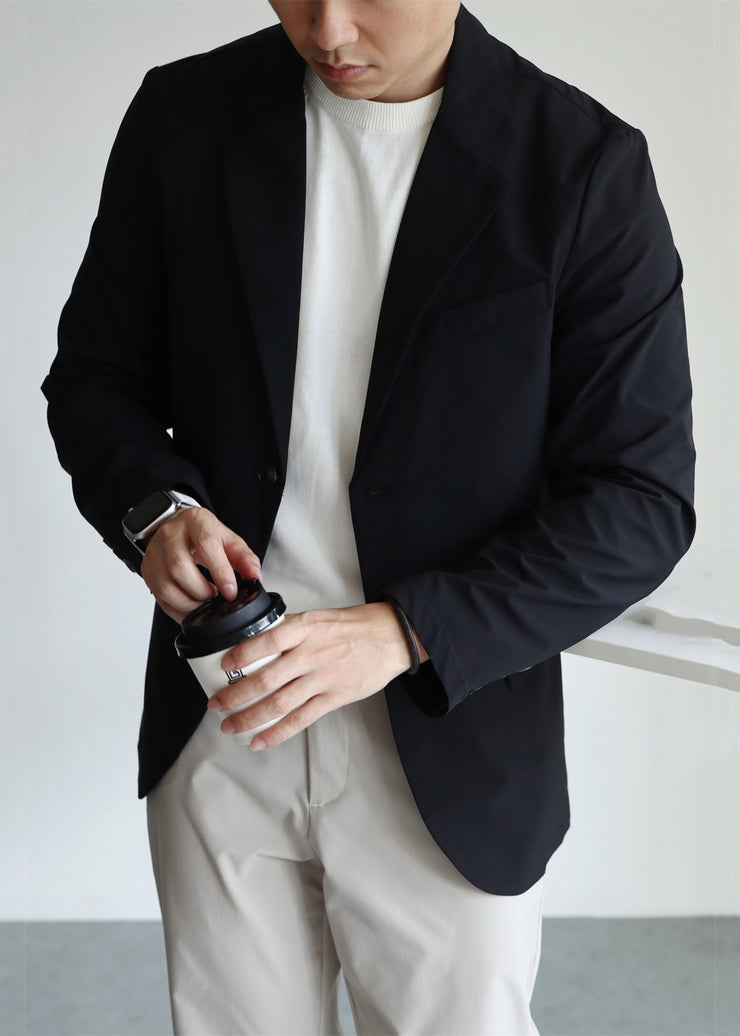 Black Pockets Solid Spandex Coats Men Casual Clothing Notched