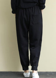 Black Pockets Versatile Warm Fleece Beam Pants Elastic Waist Winter