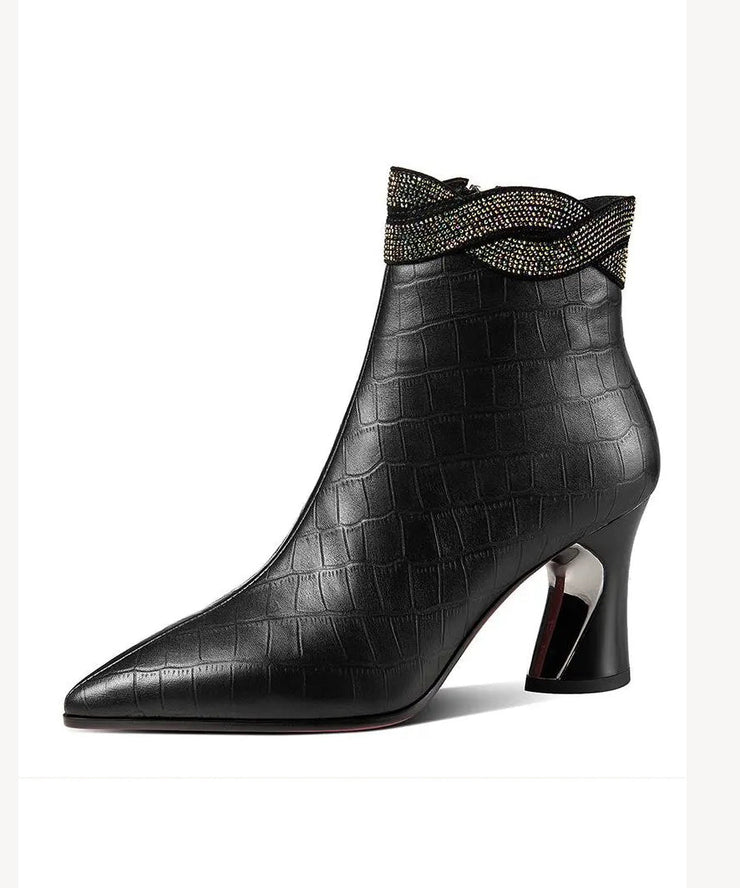 Black Pointed Toe Cowhide Leather Boots Chic Splicing Zircon