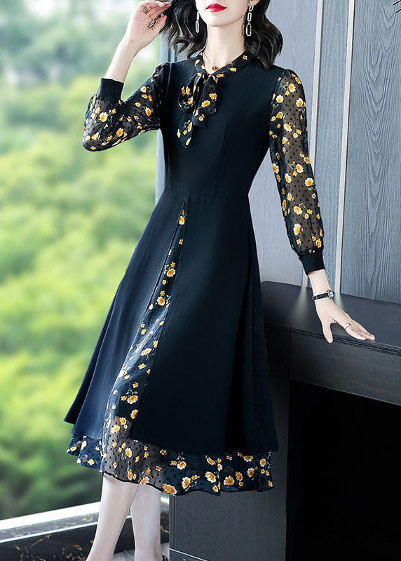 Black Print Chiffon Fake Two Piece Dress Lace Up Side Open Spring