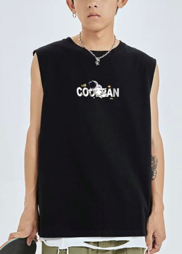 Black Print Cozy Cotton Men Tank O Neck Summer