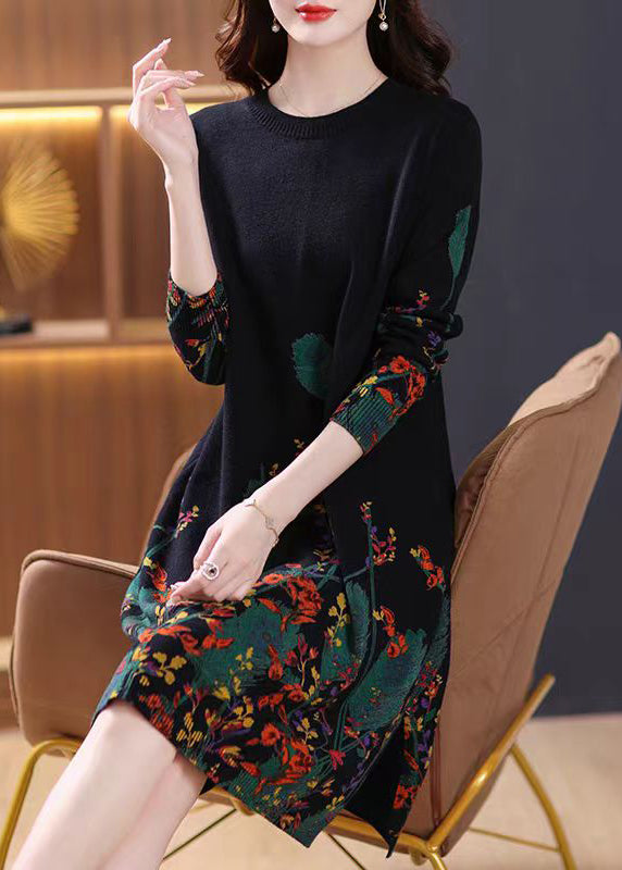 Black Print Cozy Knit Mid Dress O Neck Long Sleeve