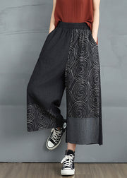 Black Print Denim Crop Pants Asymmetrical Design Summer