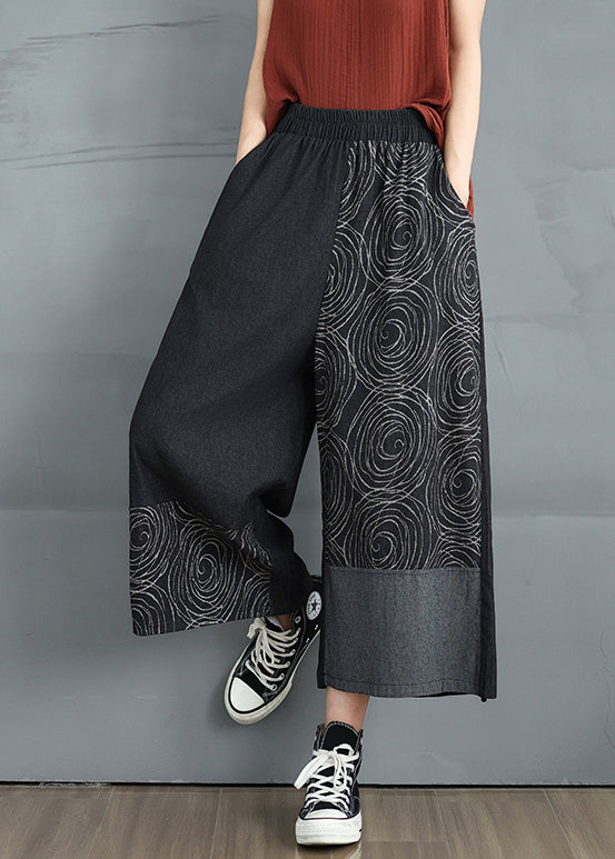 Black Print Denim Crop Pants Asymmetrical Design Summer