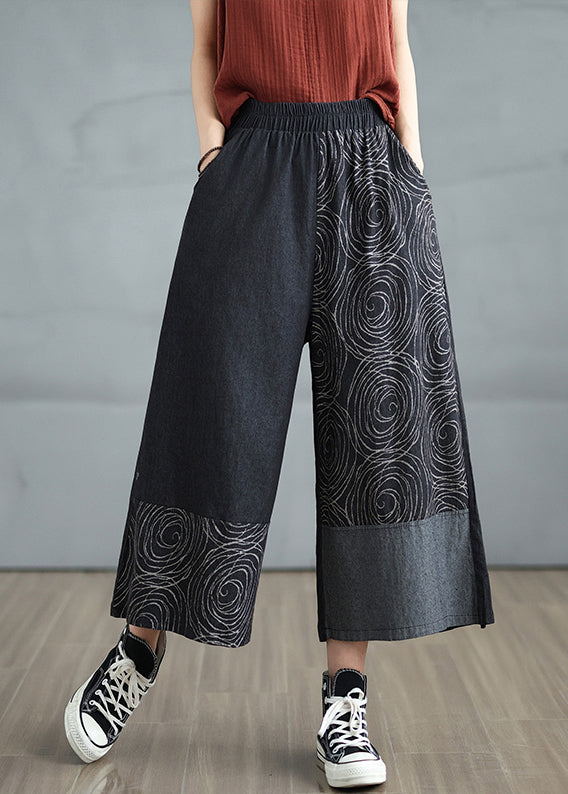 Black Print Denim Crop Pants Asymmetrical Design Summer