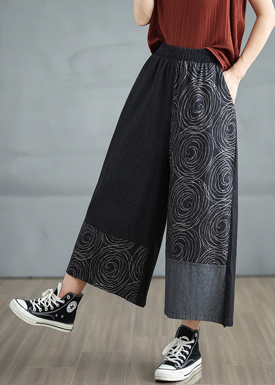 Black Print Denim Crop Pants Asymmetrical Design Summer