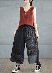 Black Print Denim Crop Pants Asymmetrical Design Summer