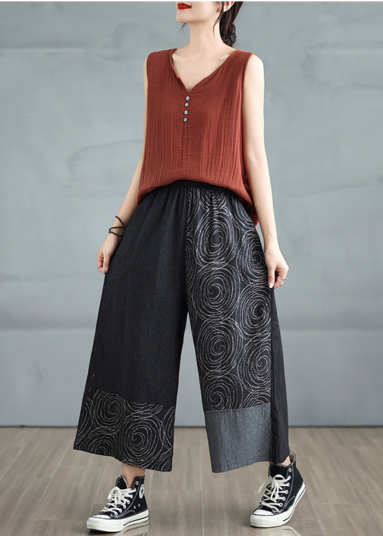 Black Print Denim Crop Pants Asymmetrical Design Summer