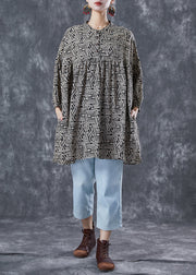 Black Print Loose Cotton Mid Dress Stand Collar Summer