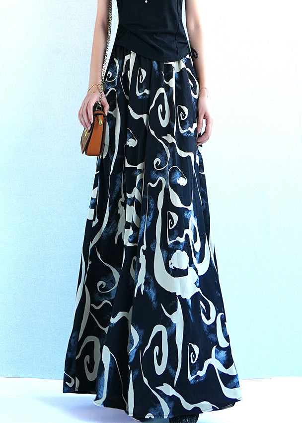 Black Print Oversized Silk Summer Wide Leg Pants Elastic Waist