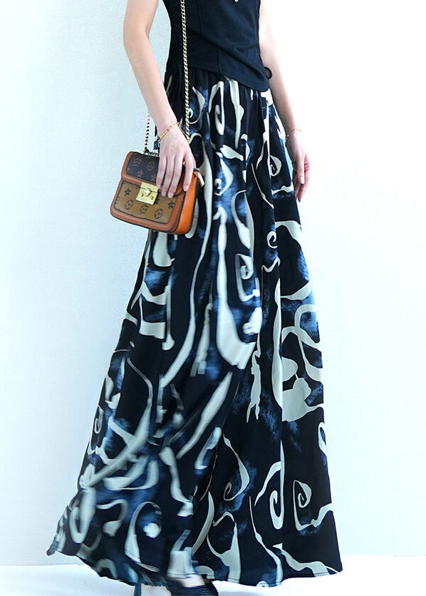 Black Print Oversized Silk Summer Wide Leg Pants Elastic Waist