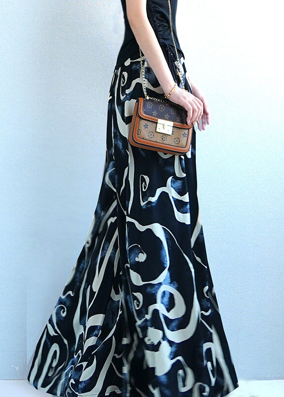 Black Print Oversized Silk Summer Wide Leg Pants Elastic Waist