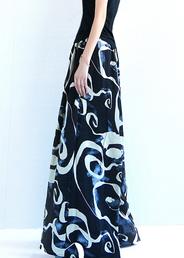 Black Print Oversized Silk Summer Wide Leg Pants Elastic Waist