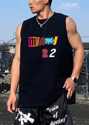 Black Print Side Open Cotton Men Tank O Neck Summer