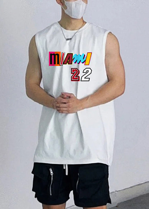 Black Print Side Open Cotton Men Tank O Neck Summer