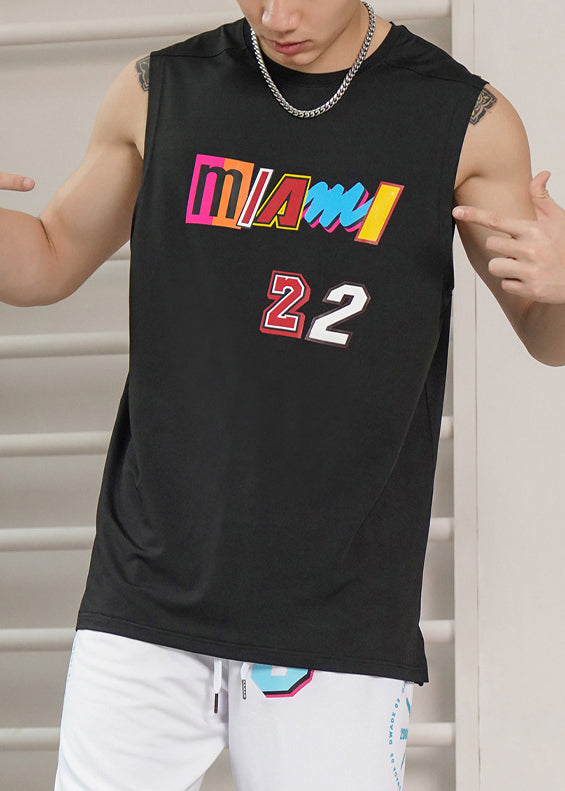 Black Print Side Open Cotton Men Tank O Neck Summer