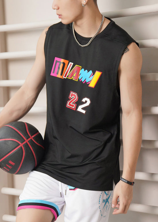 Black Print Side Open Cotton Men Tank O Neck Summer
