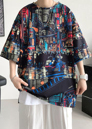 Black Print Side Open Cotton Mens T Shirts O Neck Summer