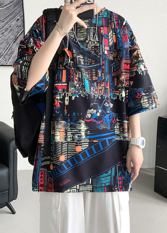 Black Print Side Open Cotton Mens T Shirts O Neck Summer