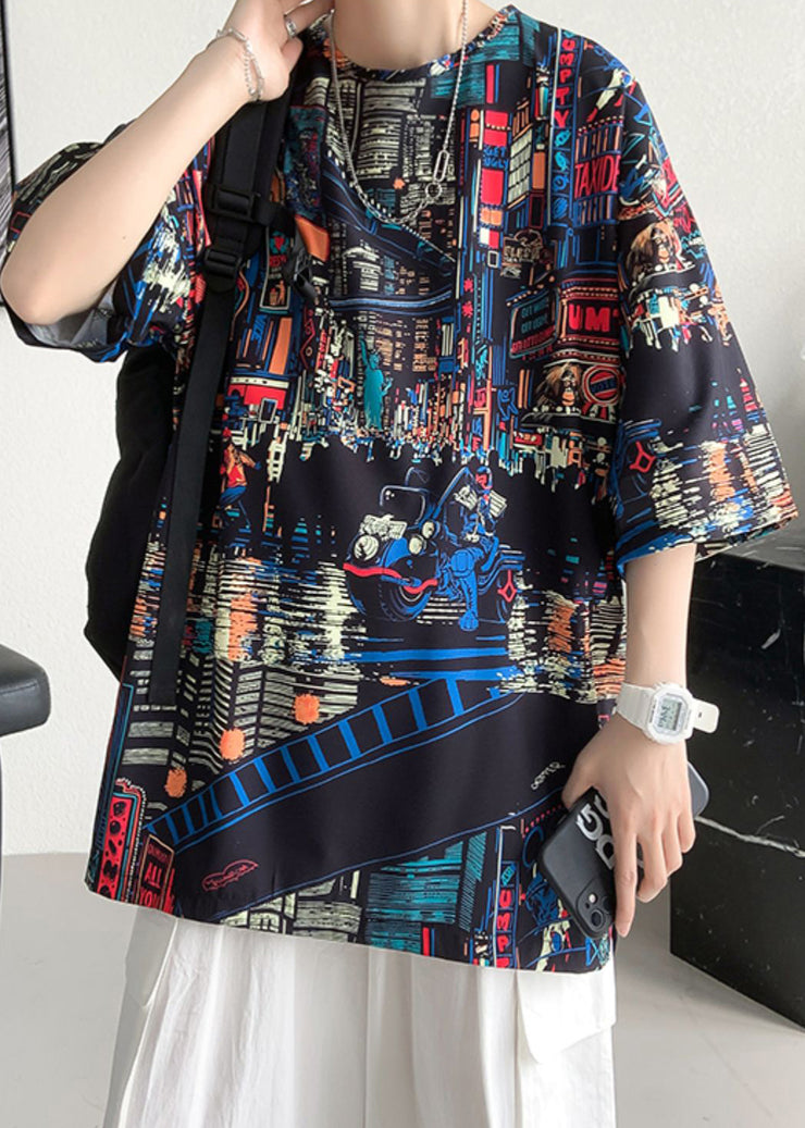 Black Print Side Open Cotton Mens T Shirts O Neck Summer