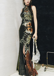 Black Print Side Open Tulle Two Pieces Set Stand Collar Summer