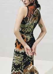 Black Print Side Open Tulle Two Pieces Set Stand Collar Summer