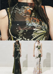 Black Print Side Open Tulle Two Pieces Set Stand Collar Summer