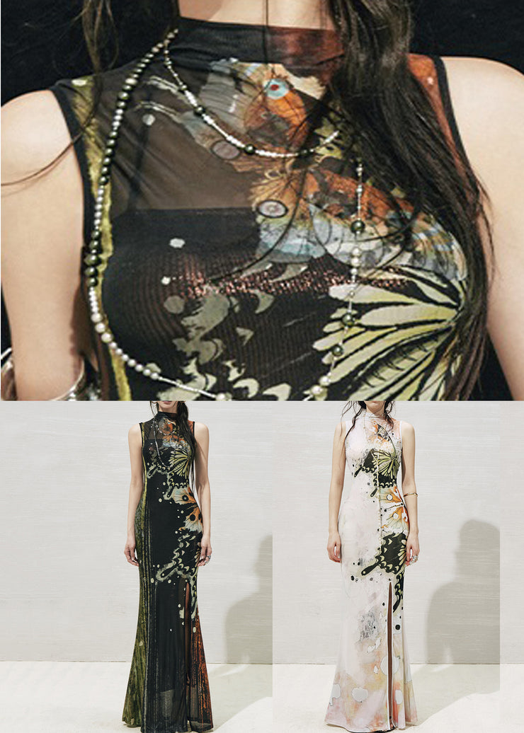 Black Print Side Open Tulle Two Pieces Set Stand Collar Summer