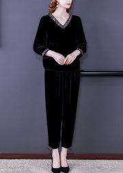 Black Print Silk Velour Top And Beam Pants Two Pieces Set Long Sleeve