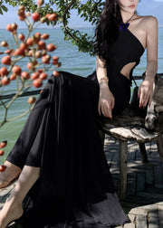 Black Ruffled Butterfly Tulle Long Dresses Hollow Out Sleeveless