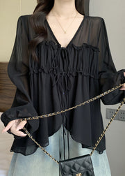Black Ruffled Lace Up Fall Chiffon Blouses V Neck