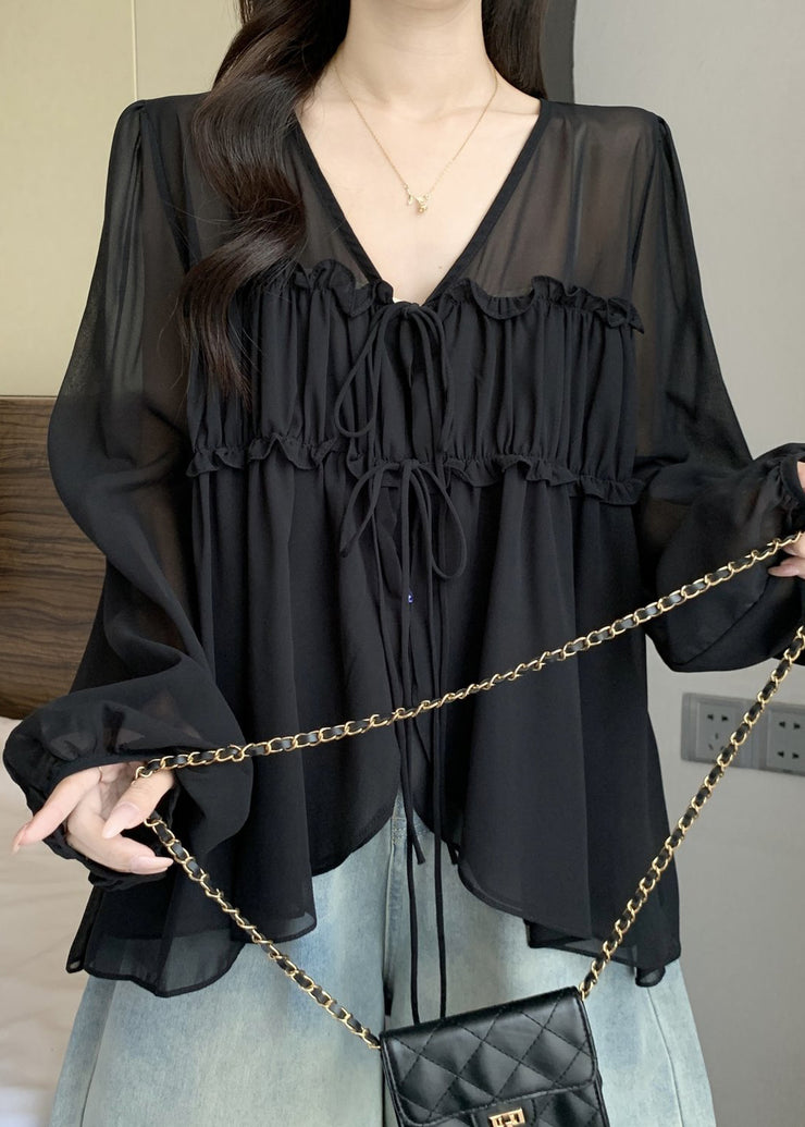 Black Ruffled Lace Up Fall Chiffon Blouses V Neck