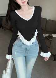 Black Ruffled Patchwork Knit Sweaters V Neck Flare Sleeve