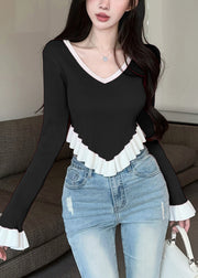Black Ruffled Patchwork Knit Sweaters V Neck Flare Sleeve