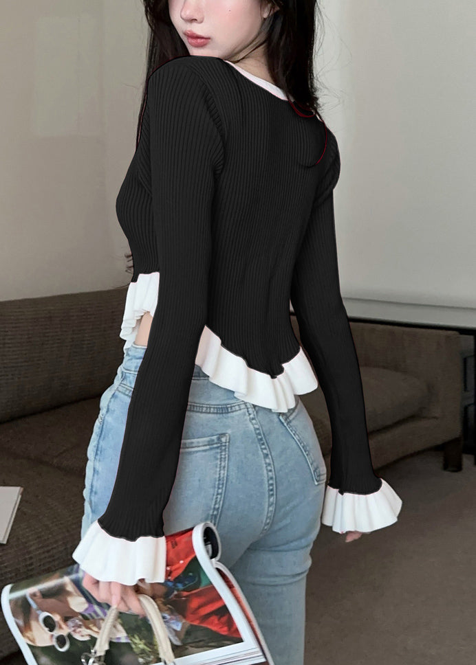 Black Ruffled Patchwork Knit Sweaters V Neck Flare Sleeve