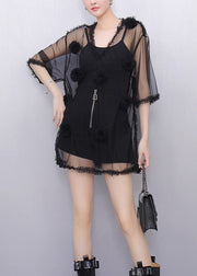 Black Ruffled Solid Tulle Top V Neck Half Sleeve