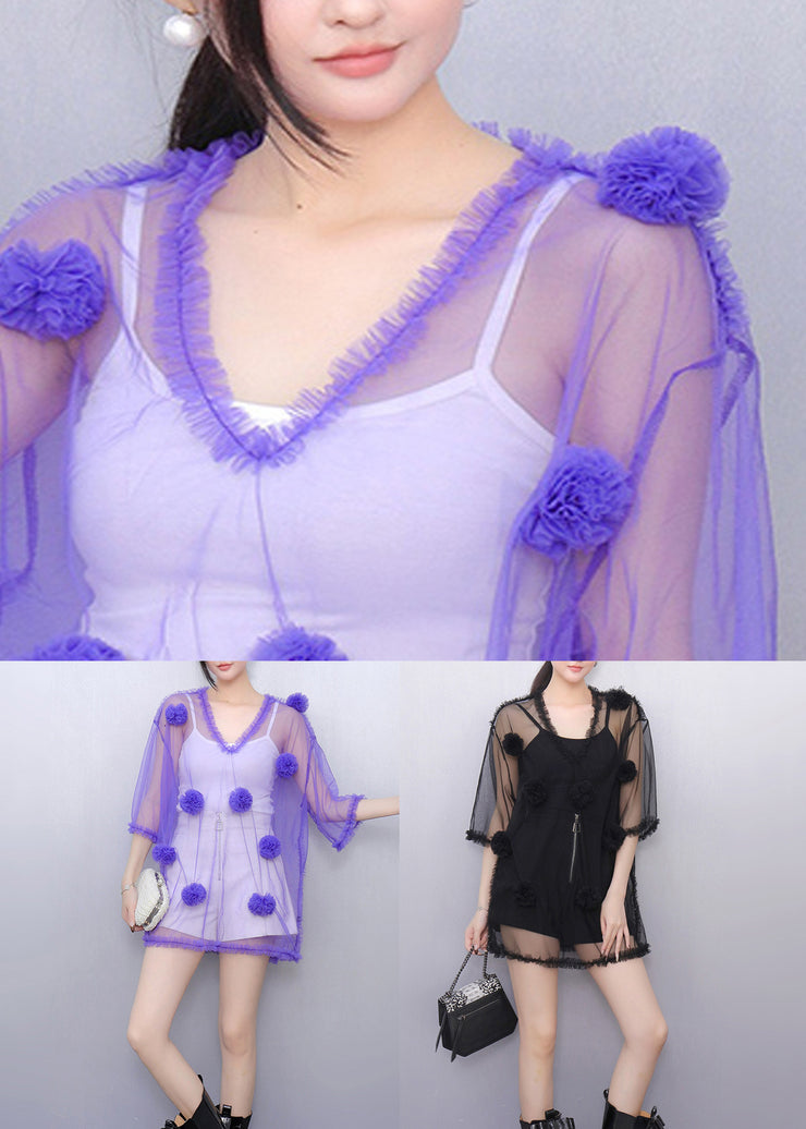 Black Ruffled Solid Tulle Top V Neck Half Sleeve