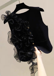 Black Ruffled Tulle Patchwork Cotton Waistcoat V Neck Summer