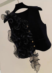 Black Ruffled Tulle Patchwork Cotton Waistcoat V Neck Summer
