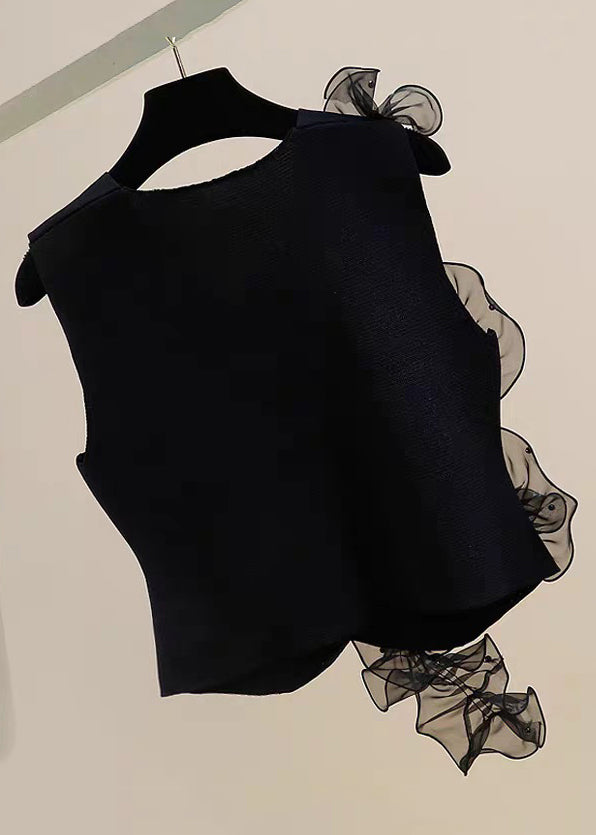 Black Ruffled Tulle Patchwork Cotton Waistcoat V Neck Summer
