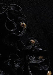 Black Ruffled Tulle Patchwork Cotton Waistcoat V Neck Summer