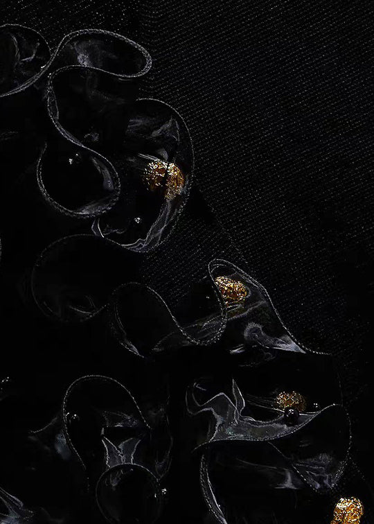 Black Ruffled Tulle Patchwork Cotton Waistcoat V Neck Summer