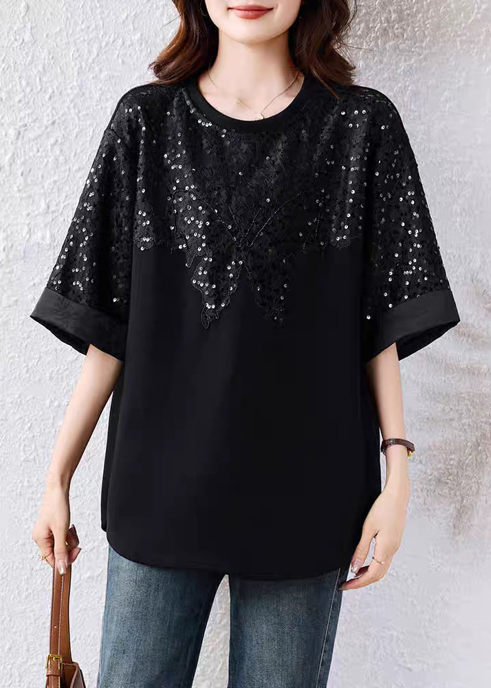 Black Sequins Cotton T Shirt O Neck Half Sleeve