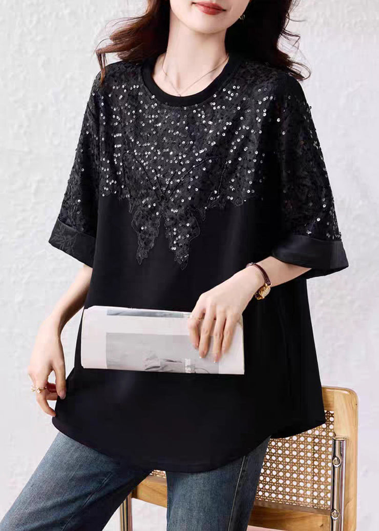 Black Sequins Cotton T Shirt O Neck Half Sleeve