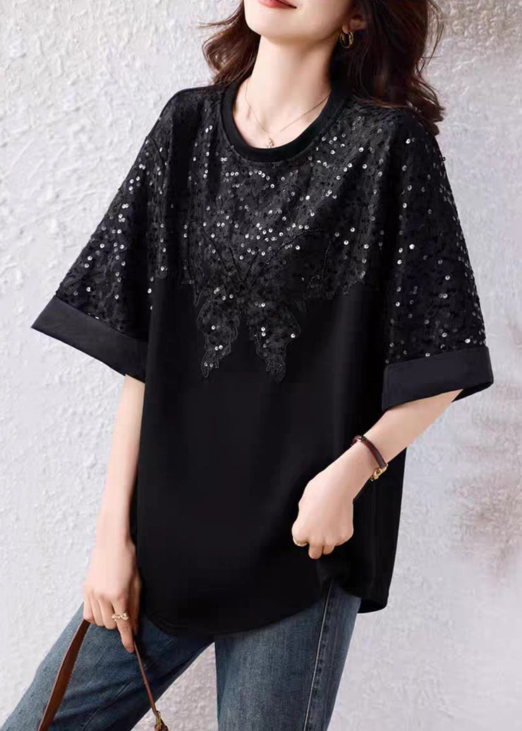 Black Sequins Cotton T Shirt O Neck Half Sleeve