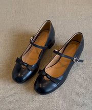 Black Sheepskin Bow Splicing Buckle Strap Chunky Shoes