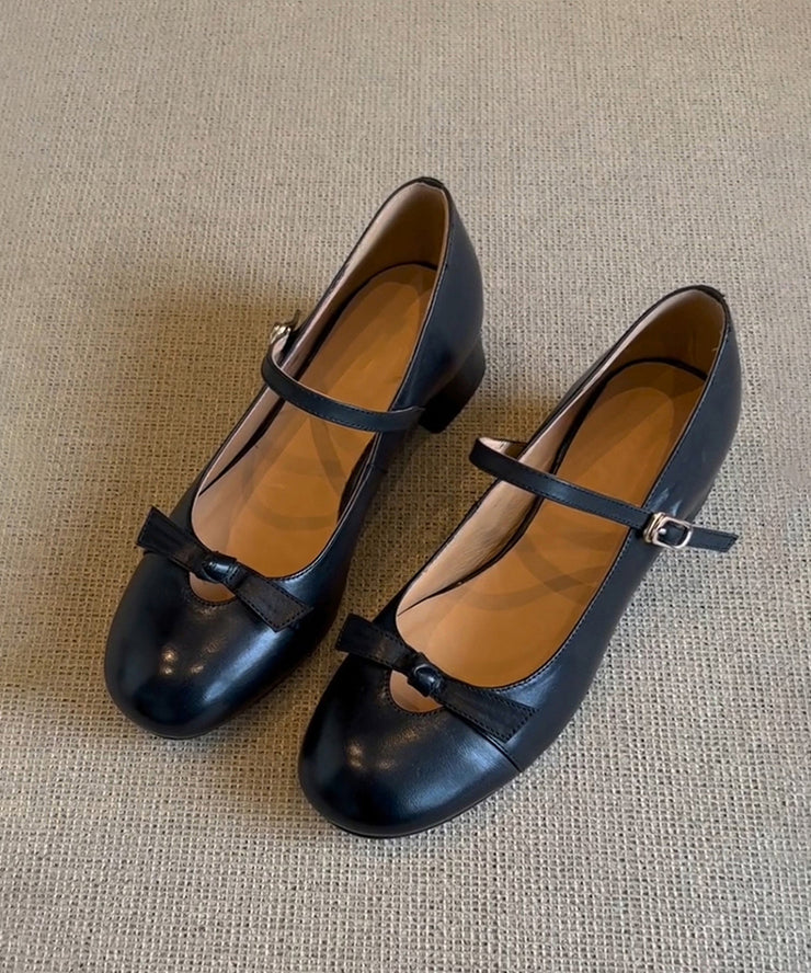 Black Sheepskin Bow Splicing Buckle Strap Chunky Shoes