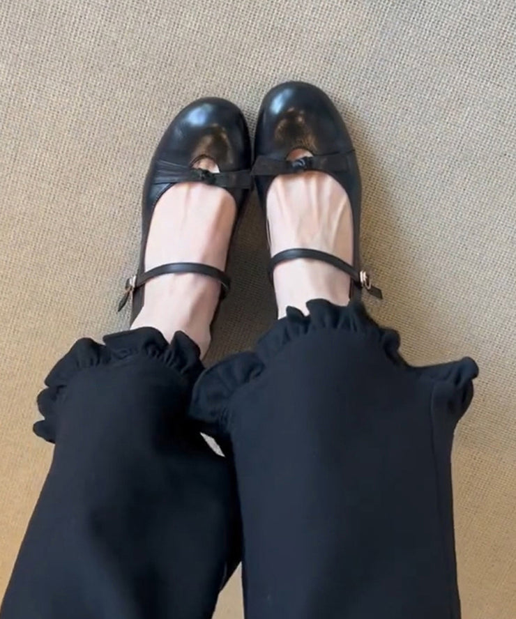 Black Sheepskin Bow Splicing Buckle Strap Chunky Shoes
