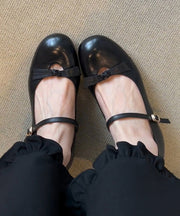 Black Sheepskin Bow Splicing Buckle Strap Chunky Shoes